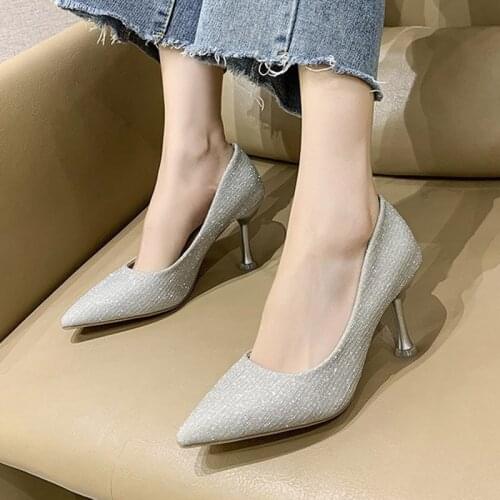 Big Size 34-42 Sexy High Heels Women Sequined Cloth Pumps Wedding Shoes Pointed Toe Boat Shoes Thin Heels Dress Shoes 8cm 8654G