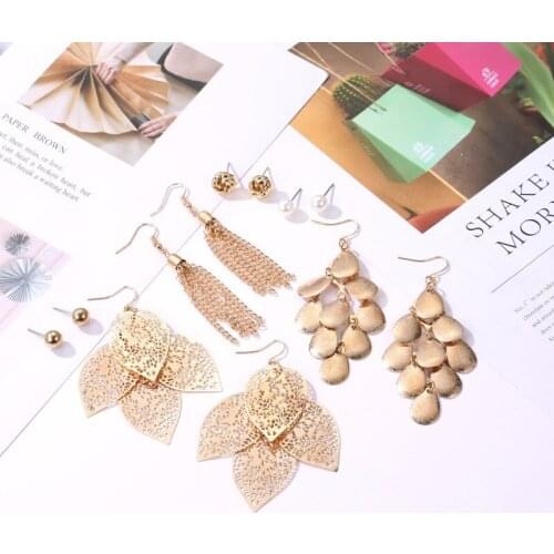 European and American set earrings creative hollow leaves simple pearl tassel earrings 6 set earrings fashion earrings for women