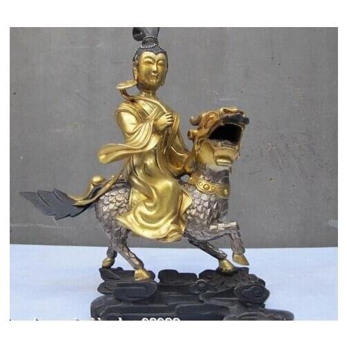 Xd 001485 China Bronze 24K Gold Silver Ru Yin fairy maiden Ride Dragon kylin buddha Statue