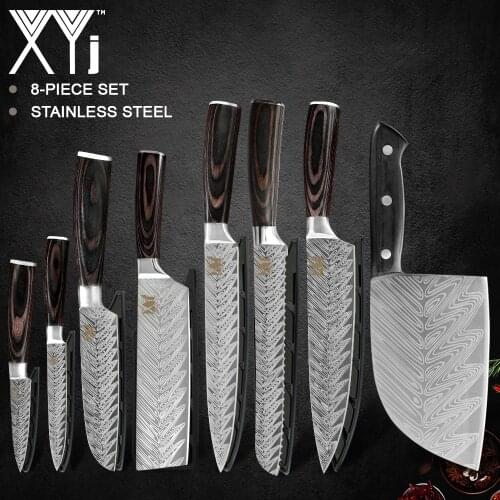XYj Kitchen Knives Set Cooking Tool Stainless Steel Blade Butcher Cleaver 6.5'' Inch Damascus Pattern Veins Bread Santou Chefs