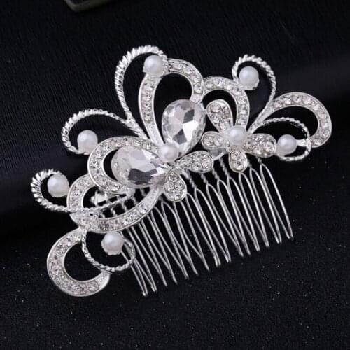 Women Bridal Wedding Silver Plated Crystal Rhinestone Faux Pearl Flower Butterfly Hair Combs Hair Accessories Bride Comb