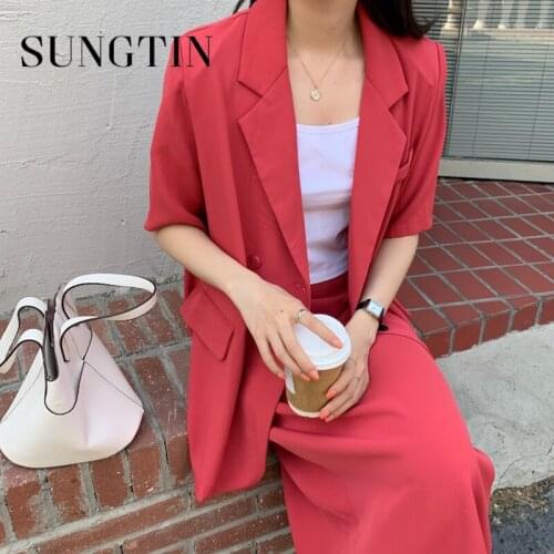 Sungtin 2 Piece for Women Blazer and Skirt Sets Short Sleeve Long Work Blazer High Waist Loose Long Skirt Korean Chic Skirt Suit