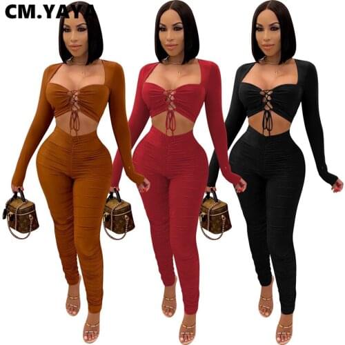 CM.YAYA Activewear Womens Set Lace Up Crop Tops Stached Ruched Pencil Pants Set Sexy Tracksuit Fitness Two Piece Set Outfits