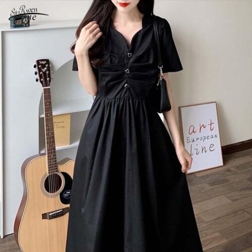 Sweet long skirt ladies elegant loose short-sleeved dress summer new style black slim dress womens V-neck French Vestido 15696