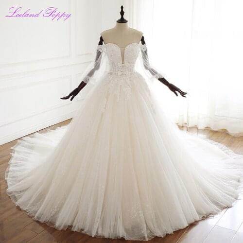 Luxury Womens A-Line Sweetheart Neck Wedding Dresses Three Quarter Sleeves Floor Length Beaded Sequined Bridal Gowns with Bow