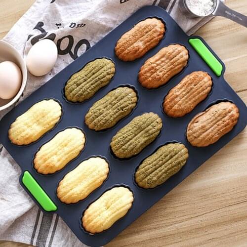 12 Grids Madeleine Mould Silicone Nonstick Cake Baking Tray Microwave Baking Pan with Portable Ears