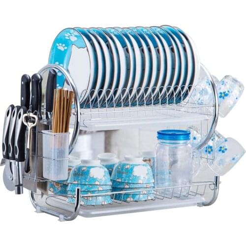 2 Tier R-Shaped Dish Drainer Stainless Steel Drying Rack Bowl Dish Draining Shelf Dryer Tray Holder Kitchen Organizer