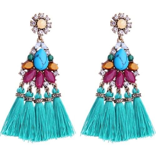 2019 bohemia vintage long tassel gem stone flower earring for women