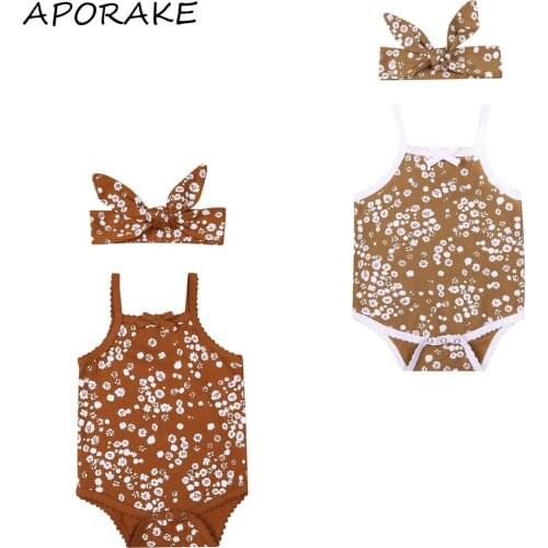 2021 0-24M Summer Cute Baby Girl Romper Floral Full Print Sleeveless Playsuit+Bow Headband Sweet Infant Outfit 2pcs
