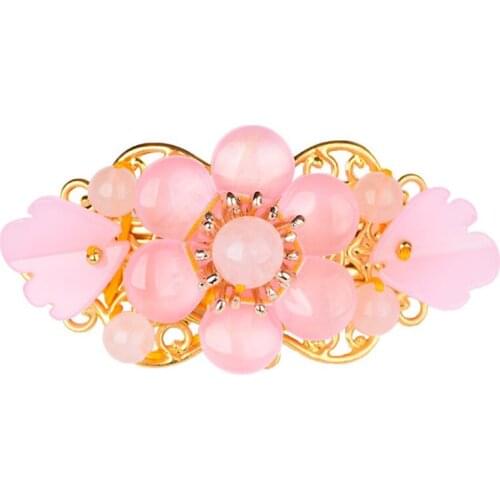 Light Yellow Gold Color Beautiful Flower with Pink and Purple Colored Glaze Hair Jewelry for Elegant Women Gift