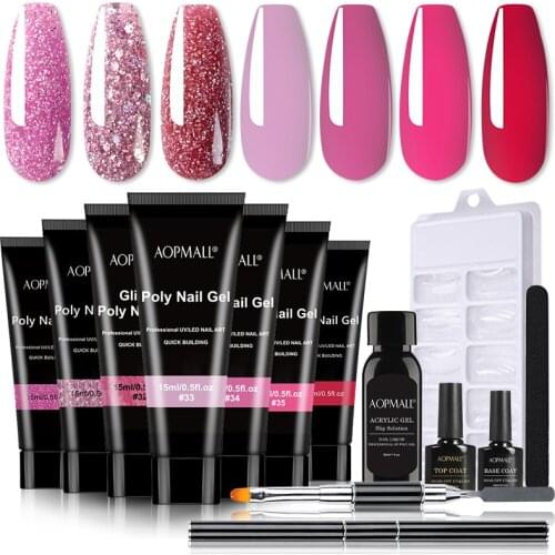 AOPMALL® 7 Color Pink Glitter Poly Nail Gel 13Pcs Starter Nail Kit With Nail Tools Set Gel Nail Polish For Nail Extensions Set