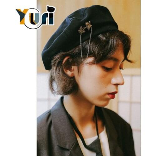 Yuri French butterfly Beret Cute Gril Hat Painter black Cap chain Accessories collection cosplay lovely creative Gift NEW C