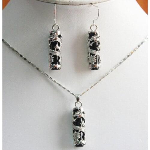 Free Shipping unique design silver plated black cylinder natural JADE +silver plated pendant & earrings set