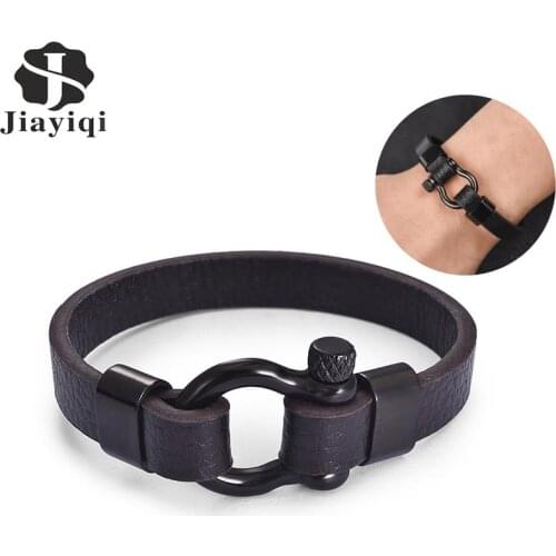 Jiayiqi Punk Men Jewelry Stainless Steel Bracelet Black Genuine Leather Bracelet & Bangles Black Horseshoe Buckle Vintage Gift