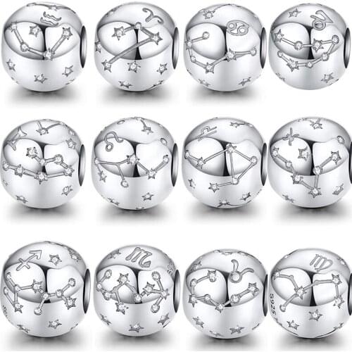 Hot 2020 Genuine 925 Sterling Silver 12 Constellation Zodiac Round Beads Fit Original Pandora Bracelet Charms Aries Jewelry