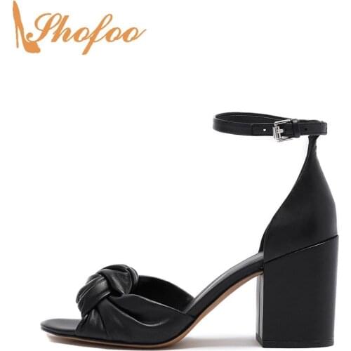 Black High Chunky Heels Peep Toe Woman Sandals Ankle Strap Large Size 15 16 Ladies Fashion Knoted Upper Casual Sexy Shoes Shofoo