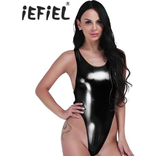 IEFiEL Sexy Black Women Faux Leather One-piece Thong Bodysuit Leotard Lingerie String Body Suit Jumpsuits Nightclub Wear Clothes