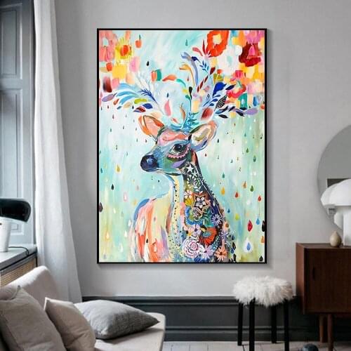 Colorful Animals Canvas Art Wall Paintings Deer Head Inkjet Canvas Poster Print Abstract Wall Art Picture Living Room Unframed