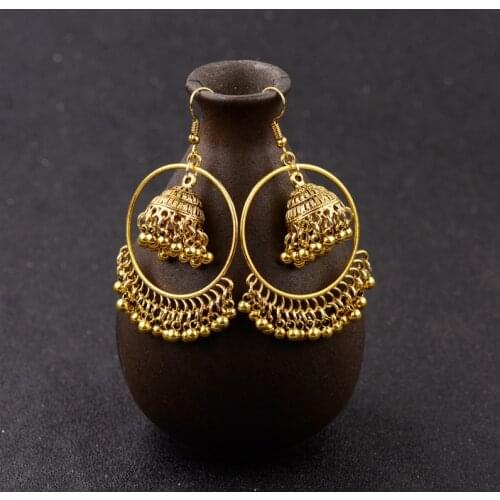 Round Turkish Vintage Jhumka Earrings Womens Gold Color Bells Drop Ethnic Indian Turkey Jewelry Boho Bijoux HXE087