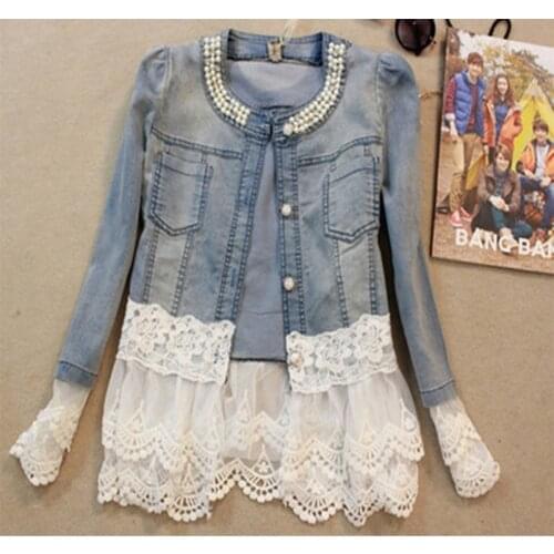 Spring Fashion Women Long Sleeve Denim Coat Outwear Slim Lace Jackets Women Korean Style Jacket Ladies Vintage Jean Jackets Coat