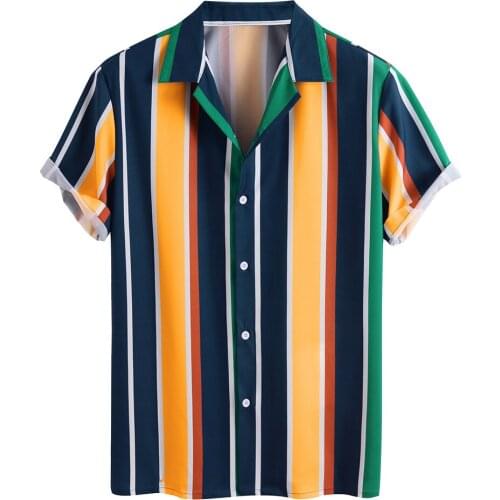 2021 Summer New Shirts For Men Colorful Striped Casual Turn-down Collar Short Sleeve Hawaiian Shirt