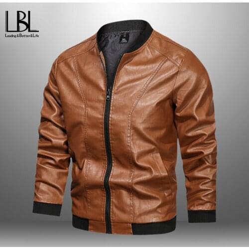 Mens Autumn Winter New Causal Vintage Leather Jackets Coats Male Outfit Motor Zipper Pocket Man Fashion PU Leather Jackets 2021