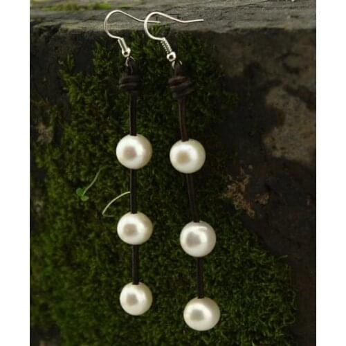 New Arrival Favorite Pearl Jewelry Huge Size 11MM Round Genuine Freshwater Pearl Black Rope Leather S925 Silver Dangle Earring