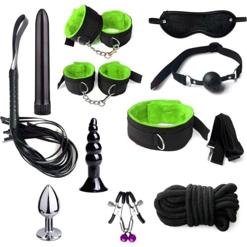 OLO 11Pcs/Set SM Game Clothes Sexy Bondage Whip Handcuffs Mouth Plug Mask Anal Plug Flirting Sex Toys Kit Adult Sex Game Tools