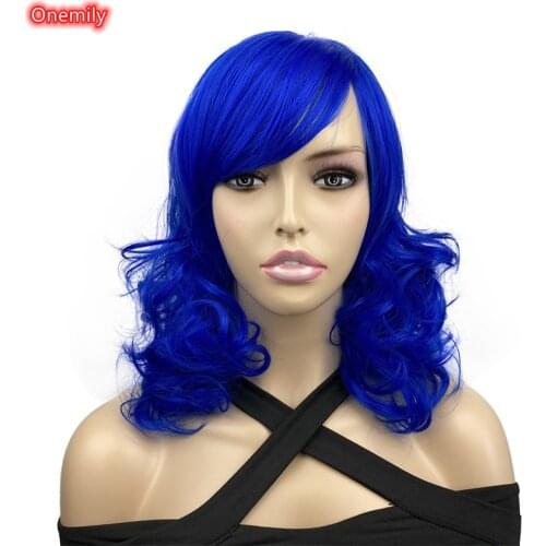 Onemily Long Blue Wavy Women Cosplay Wig with Bangs Heat Resistant Synthetic Natural Wigs for Halloween Theme Party