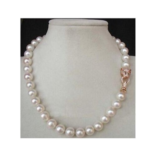 Wonderful! 18" 10MM WHITE SOUTH SEA SHELL AKOYA PEARL NECKLACE & Leopard clasp