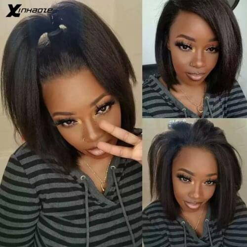 Light Yaki Straight 13x4 Lace Frontal Human Hair Wigs For Women Coarse Yaki Kinky Brazilian Short Bob 4x4 Lace Closure Wig