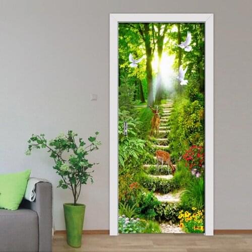 PVC Waterproof Self-adhesive 3D Door Sticker Forest Path Landscape Painting Sticker Living Room Door Wallpaper Poster Home Decor