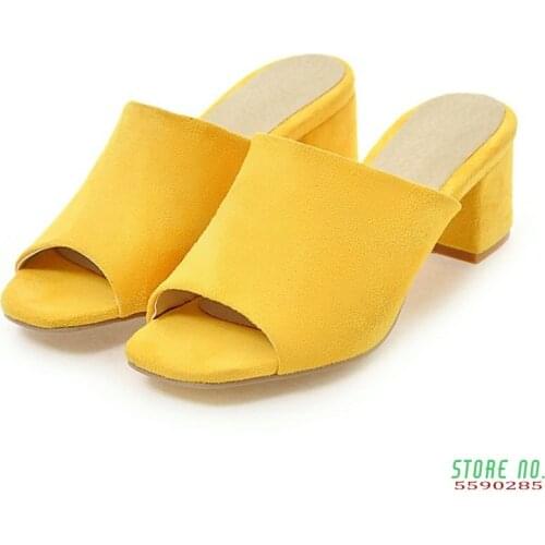 Big Size Summer Women Slides High Square Block Heel Slippers Black Yellow Red Flock Casual Peep Toe Outdoor Slip-on Lady Sandals