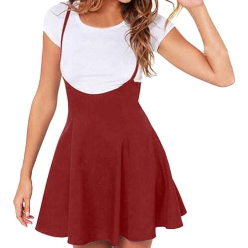 BLACK wine red Summer Womens Girls Ladies Shoulder Straps Pleated Hem A-Line Mini Braces Skater Skirt Female school streewear