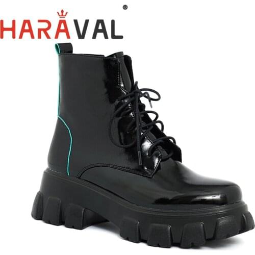 HARAVAL Fashion Ankle Boots Shoes Women Thick bottom Waterproof platform Lace up Microfiber Round Toe Boots Shoes Adult E57L