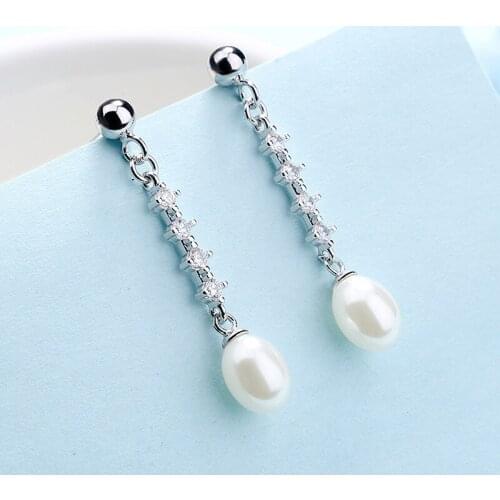 Utimtree Elegant 925 sterling silver Pearls CZ Zircon Earrings for Women Long Tassel Statement Drop Earring Jewelry