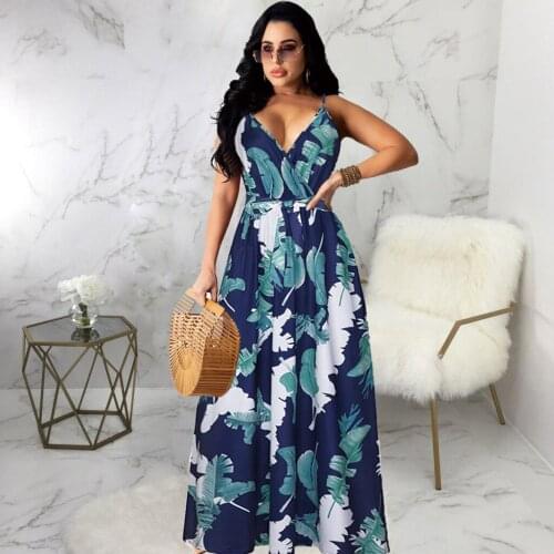 Womens Maxi Dress Floral Print Suspenders Sleeveless V-neck Dress Casual Beach Loose Dress Sexy Elegant Long Dress