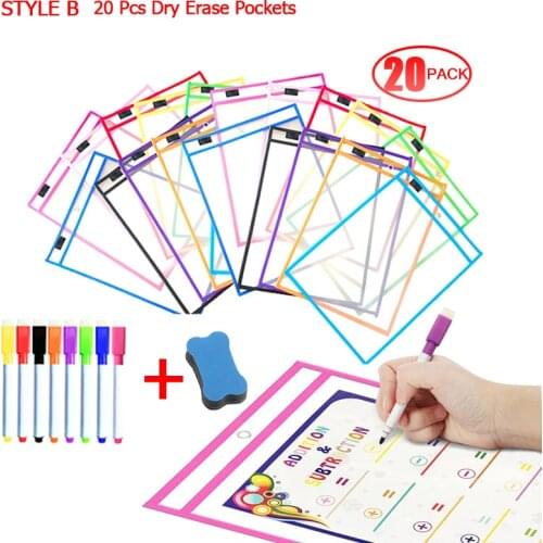 20 PCS Reusable Dry Eraser Pockets With Pen PVC Transparent Write Wipe Drawing Whiteboard Markers Used for Teaching Supplies