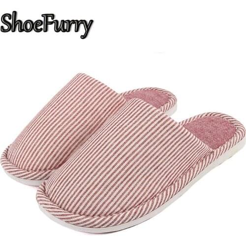 ShoeFurry 2019 Women Winter Slippers Cotton Shoes Antiskid Indoor Home Slippers Flax Shoes Female Striped Linen Bedroom Slippers