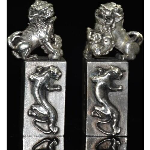 3"Chinese temple collection Old Bronze Gilt silver Lion statue A pair Fu Foo Dog Lion Pair Seal Ornaments Town House