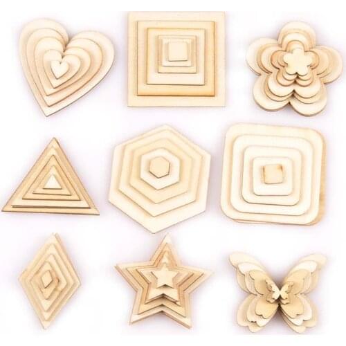 50pcs Quare/round/hexagon Pattern Mix Natural Wooden Scrapbooking Craft Supplies Wood Diy Embellishments Handicraft Decor M2586