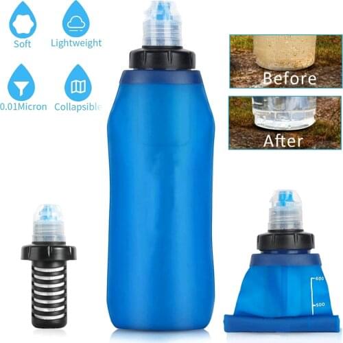 600ml Water Filter Portable Survival Kit Soft Folding TPU Filter Water Bag 0.01 Micron Water Bag For Hiking Backpacking Travel