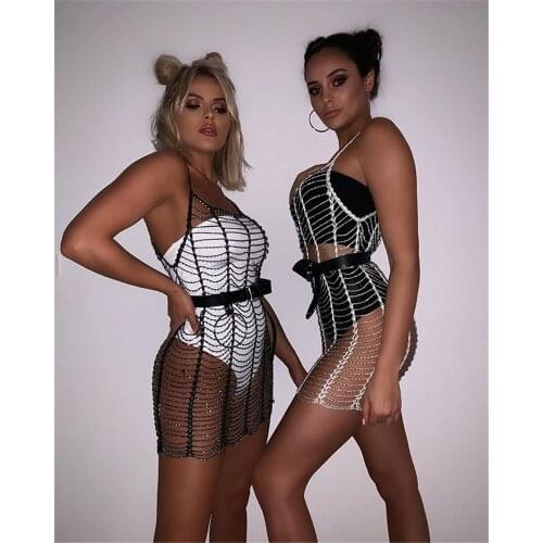 BKLD Sexy Diamond Dress Women Sleeveless Hollow Out See-through Bodycon Dress New 2020 Summer Party Beach Wear Cover Up Dress