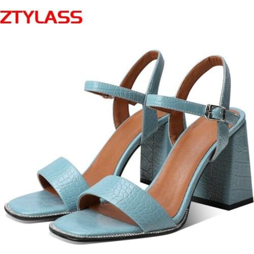 Black Blue White Womens Shoes Fashion Rhinestone Square High Heel Women Sandals Summer Open Toe Stone Print Dress Sandals Lady