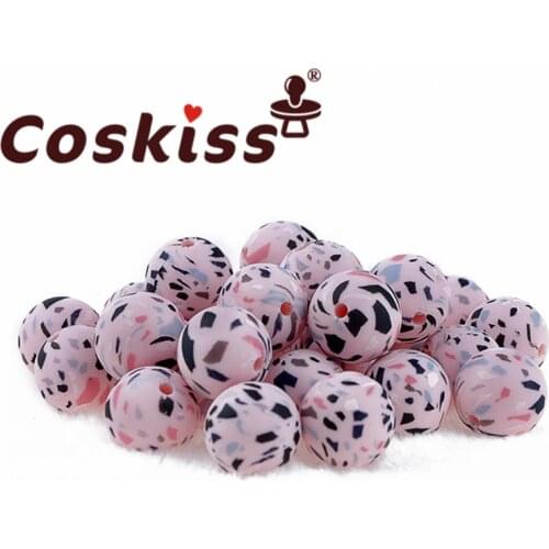 Coskiss 50PC Silicone Bead Food Grade Materials 15mm Teether Round Printing DIY Crafts Baby Teether Safe Rattle Beads