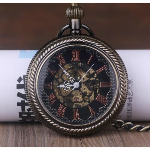 5pcs New Fashion Unique Self Wind Pocket Watch Bronze Pendant Retro Skeleton Mechanical Pocket Watch Women Men
