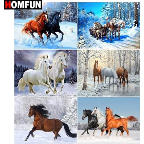 HOMFUN Paint With Diamond Embroidery “”Horse snow animal" Diamond Painting Full Square Round Picture Of Rhinestone Decor