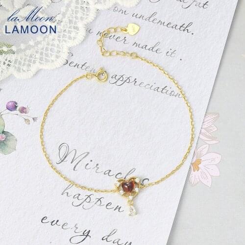 LAMOON Anime Vive Sweety Heart 925 Silver Bracelet For Women Natural Garnet Gemstone 14K Gold Plated Fine Jewelry LMHI070