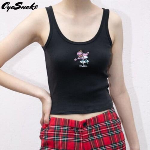 Oyasnake Cotton Fashion Casual O-Neck Camis Cartoon Embroidery Tops Womens 2021 Summer Slim New Hot Casual Basic Tanks