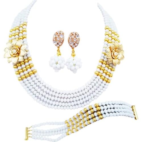 Fashion White Crystal Beaded Multi Strands Necklaces Sets Nigerian Wedding African Beads Jewelry Set 5-XSH27